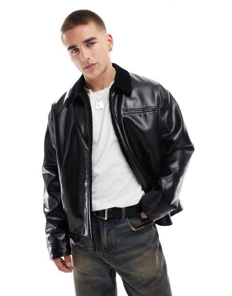 ASOS DESIGN – Oversize-Harrington-Jacke aus Kunstleder in Schwarz mit Kragen aus Cord - view 1