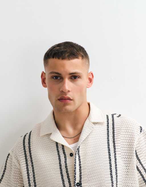 ASOS DESIGN – Oversize-Hemd aus Häkelstoff in Creme mit Streifen und Reverskragen, 3 von 5