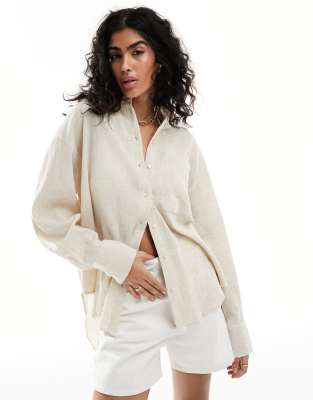 ASOS DESIGN - Oversize-Hemd aus Knitterstoff in Hellbeige-Neutral