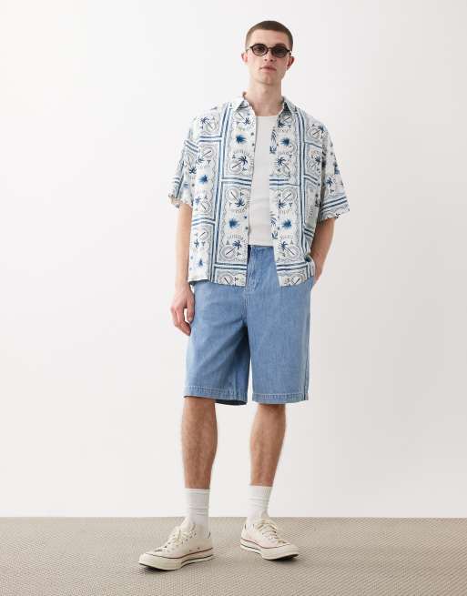 ASOS DESIGN – Oversize-Hemd aus Leinenmix in Blau mit Kachelmuster, 2 von 5