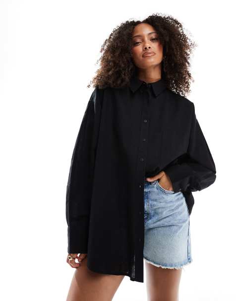 ASOS DESIGN – Oversize-Hemd aus Leinenmix in Schwarz - view 1
