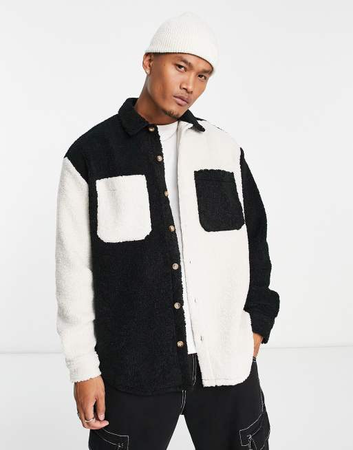 ASOS DESIGN – Oversize-Hemd aus Teddyfell mit Patchwork-Design in Schwarz und Weiß