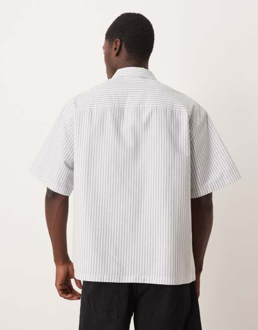 ASOS DESIGN – Oversize-Hemd in Beige aus gestreiftem Seersucker mit Stickerei, 3 von 5