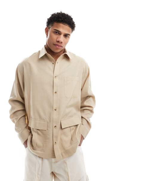 ASOS DESIGN – Oversize-Hemd in Beige mit Cargo-Taschen - view 1