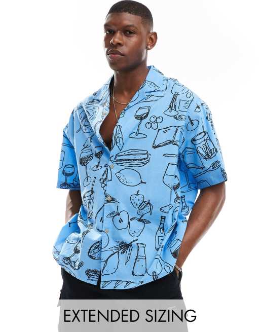 ASOS DESIGN – Oversize-Hemd in Blau mit Gastro-Prints und Reverskragen