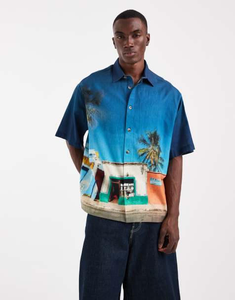 ASOS DESIGN – Oversize-Hemd in Blau mit Leinenanteil und Urlaubs-Printmuster - view 1