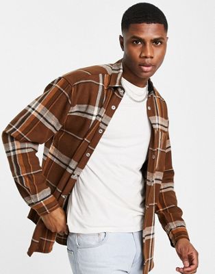 ASOS DESIGN – Oversize-Hemd in Braun kariert aus Wollmischung im Stil der 9 günstig online kaufen