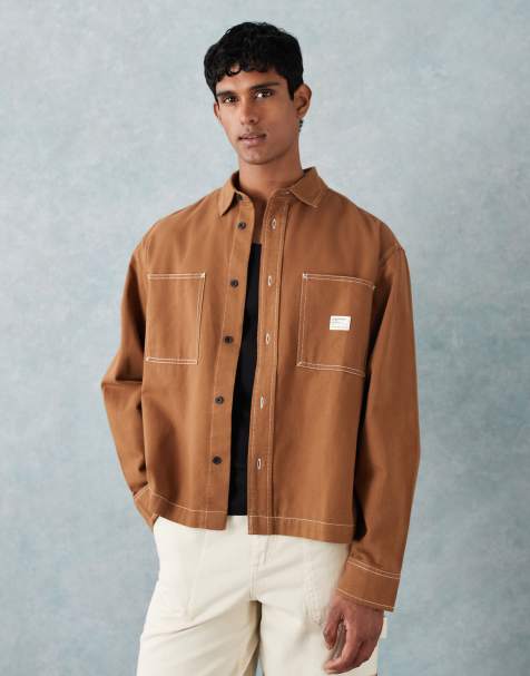 ASOS DESIGN – Oversize-Hemd in Braun mit Aufnäher auf der Brust - view 1