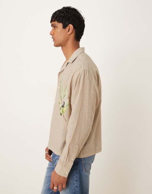 ASOS DESIGN – Oversize-Hemd in brauner Leinenoptik mit Olivenprint und Reverskragen, 4 von 5