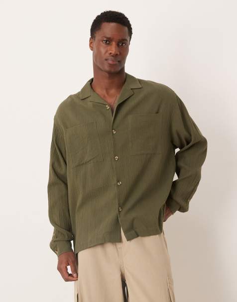 ASOS DESIGN – Oversize-Hemd in Dunkelgrün mit Knitterstruktur und Reverskragen - view 1