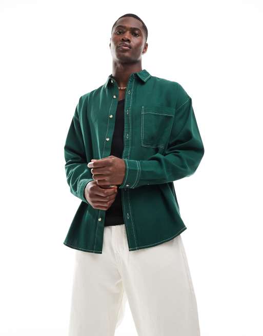 ASOS DESIGN – Oversize-Hemd in Grün im 90er-Stil mit eckigem Kragen und aufgesetzten Brusttaschen