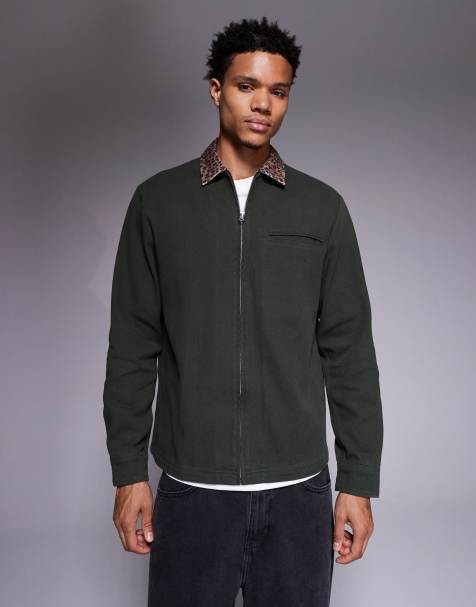 ASOS DESIGN – Oversize-Hemd in Grün mit kontrastierendem Kragen mit Leopardenmuster - view 1