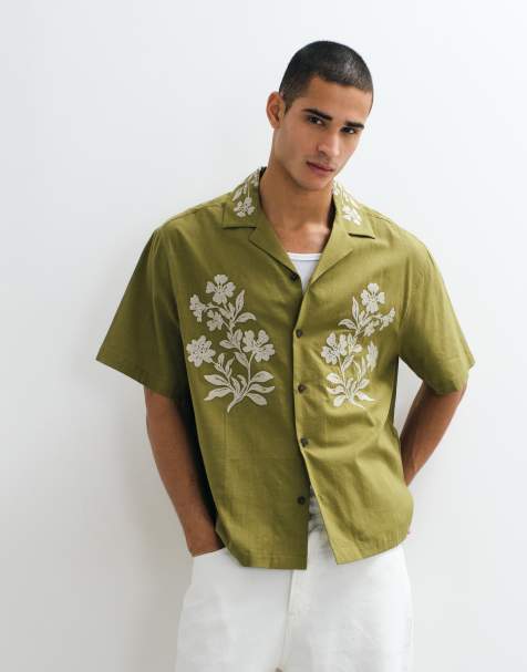 ASOS DESIGN – Oversize-Hemd in Khaki mit floraler Stickerei - view 1