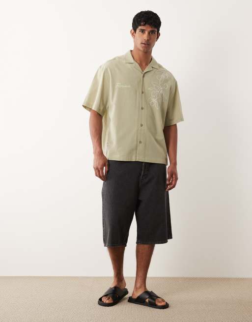 ASOS DESIGN – Oversize-Hemd in Khaki mit Leinenanteil und Blumenmuster, 2 von 5