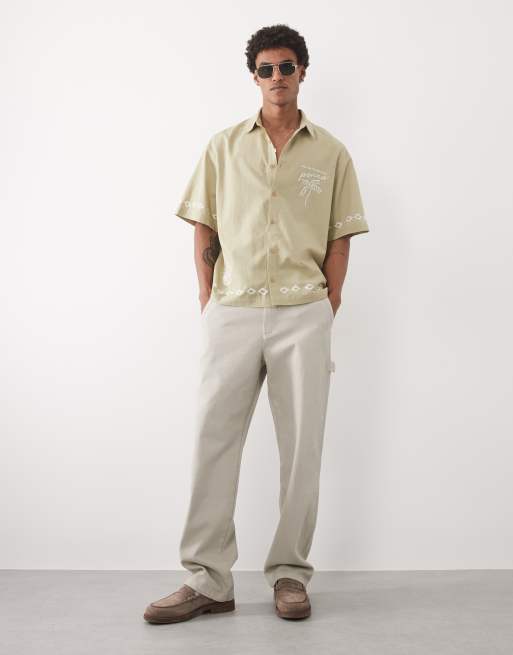 ASOS DESIGN – Oversize-Hemd in Khaki mit Leinenanteil und Stickerei, 2 von 5