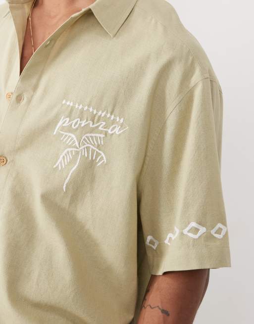 ASOS DESIGN – Oversize-Hemd in Khaki mit Leinenanteil und Stickerei, 3 von 5