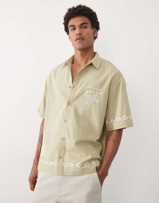 ASOS DESIGN – Oversize-Hemd in Khaki mit Leinenanteil und Stickerei, 5 von 5