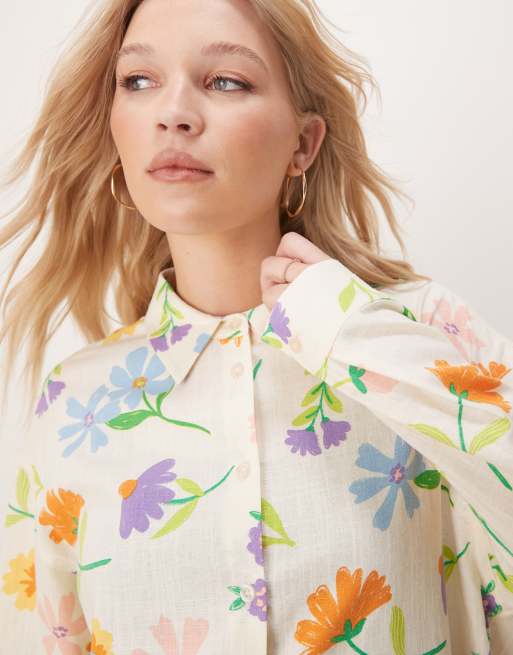 ASOS DESIGN – Oversize-Hemd in Leinenoptik mit Blumenmuster in gemalter Optik, Kombiteil , 3 von 4