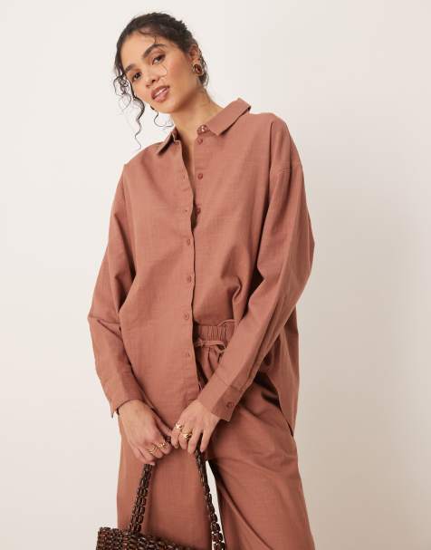 ASOS DESIGN – Oversize-Hemd in mokkabrauner Leinenoptik, Kombiteil - view 1
