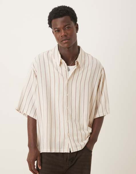 ASOS DESIGN – Oversize-Hemd in neutral gestreift mit halblangen Ärmeln - view 1