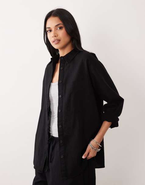 ASOS DESIGN – Oversize-Hemd in Schwarz mit Leinenanteil - view 1