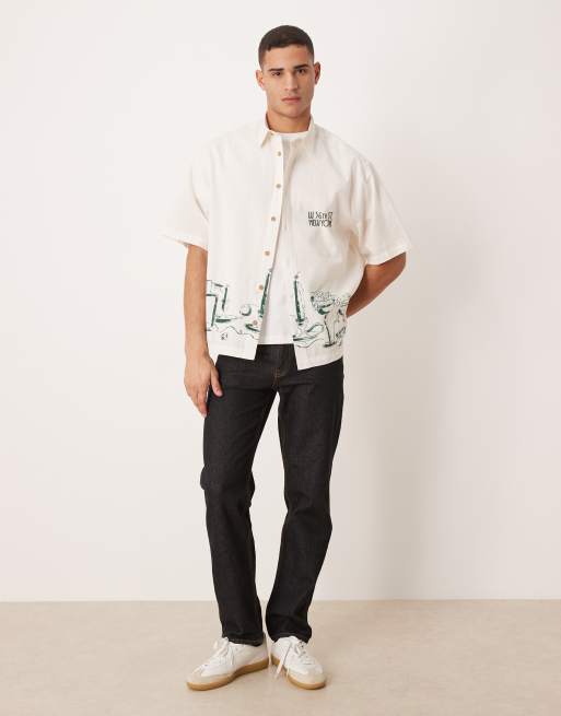 ASOS DESIGN – Oversize-Hemd in Wollweiß mit Leinenanteil und auffallendem Print-Motiv, 2 von 5