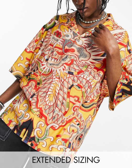 ASOS DESIGN – Oversize-Hemd mit Drachen-Placement-Print, Reverskragen und überschnittenen Schultern