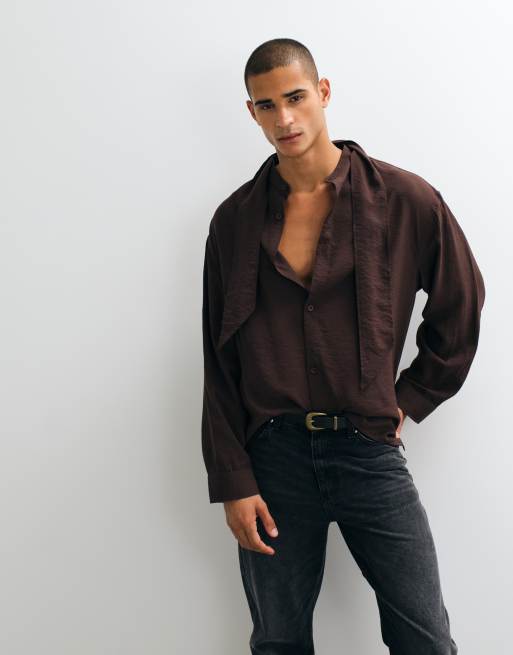 ASOS DESIGN Oversize-Hemd mit fließendem Fall und Bindeband am Hals in Braun, 5 von 5