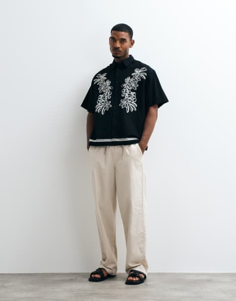 ASOS DESIGN Oversize-Hemd mit Leinen und Blumenstickerei in Schwarz - view 1