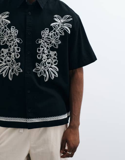 ASOS DESIGN Oversize-Hemd mit Leinen und Blumenstickerei in Schwarz, 3 von 5