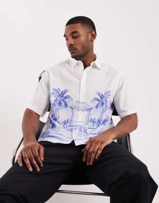 Oversize-Hemd mit Leinenanteil in Weiß mit kastigem Schnitt und auffallendem Print-Motiv Weiß XL