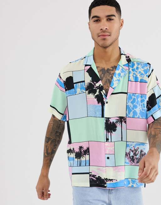 ASOS Design – Oversize-Hemd mit Strandmotiven und tiefem V-Ausschnitt