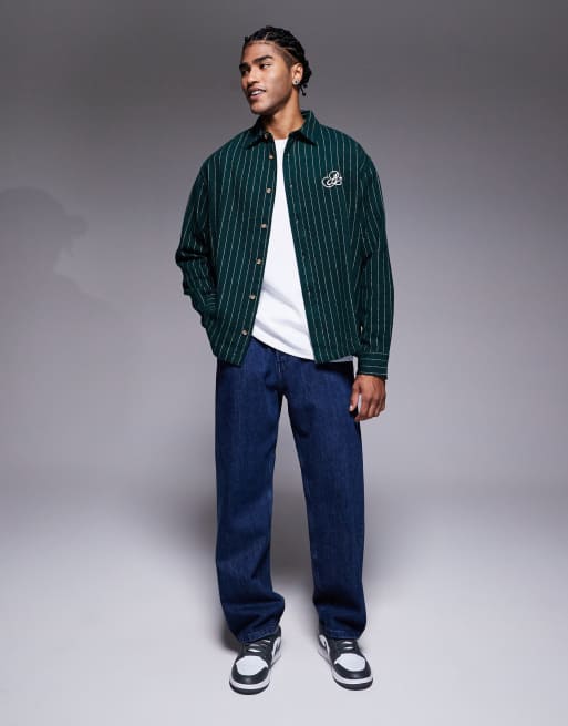 ASOS DESIGN – Oversize-Hemd mit Streifen in Grün und Stickerei auf der Brust, 2 von 5