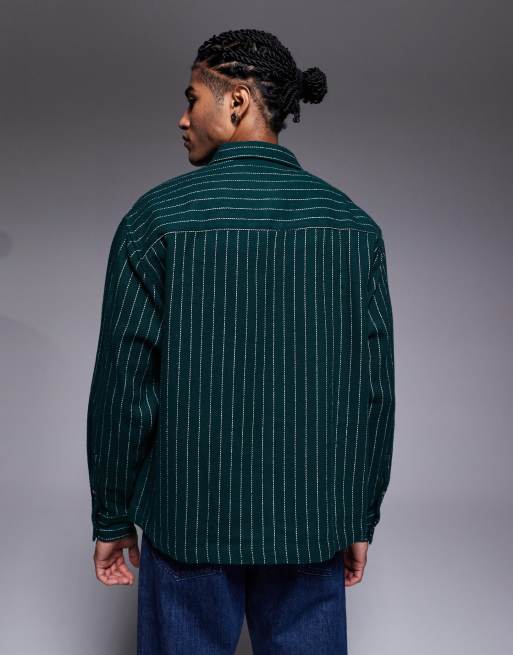 ASOS DESIGN – Oversize-Hemd mit Streifen in Grün und Stickerei auf der Brust, 3 von 5