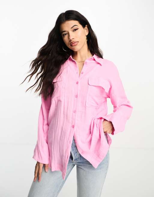 ASOS DESIGN – Oversize-Hemdbluse aus dünnem, weitmaschig gewebtem Baumwollstoff in Rosa