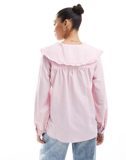 ASOS DESIGN – Oversize-Hemdbluse in gestreiftem Rosa mit Rüschenkragen, 4 von 4