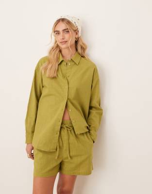 ASOS DESIGN - Oversize-Hemdbluse in olivgrüner Leinenoptik, Kombiteil