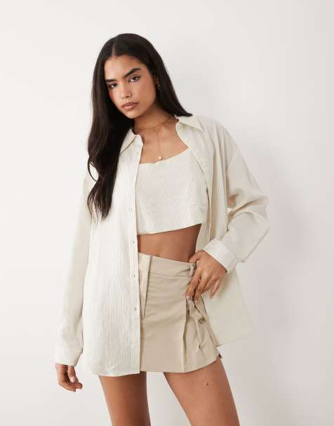 ASOS DESIGN – Oversize-Hemdbluse und Bustier in Steinbeige mit Nadelstreifen - view 1