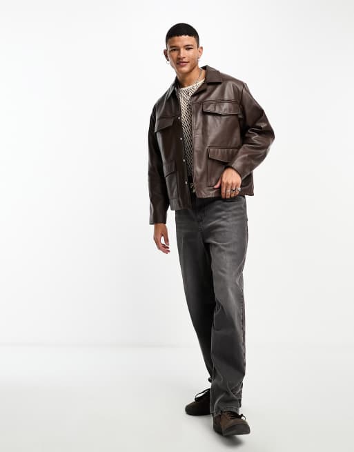 ASOS DESIGN – Oversize-Hemdjacke aus echtem Leder in Braun