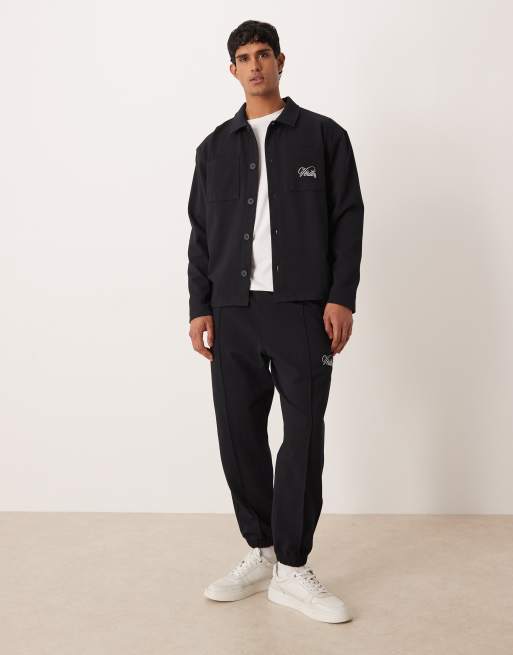 ASOS DESIGN – Oversize-Hemdjacke aus Jacquard in Marineblau mit Stickerei, 2 von 5