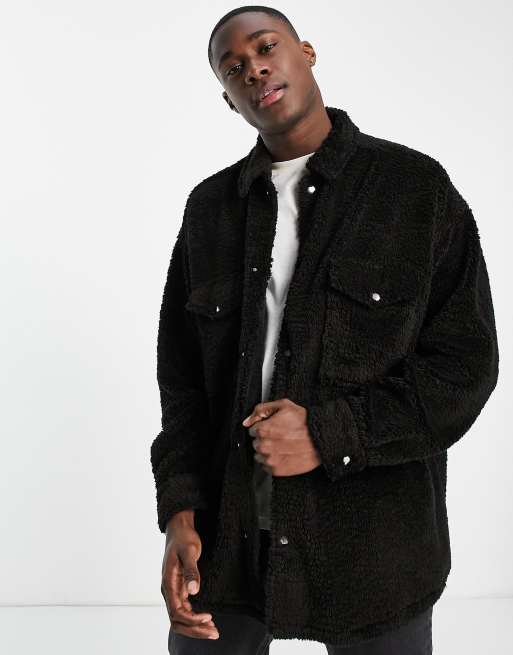 ASOS DESIGN – Oversize-Hemdjacke aus Teddyfell in Schwarz 