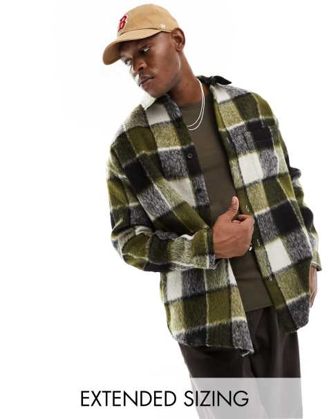 ASOS DESIGN – Oversize-Hemdjacke im Stil der 90er aus Wollmix in Khaki mit Karomuster - view 1