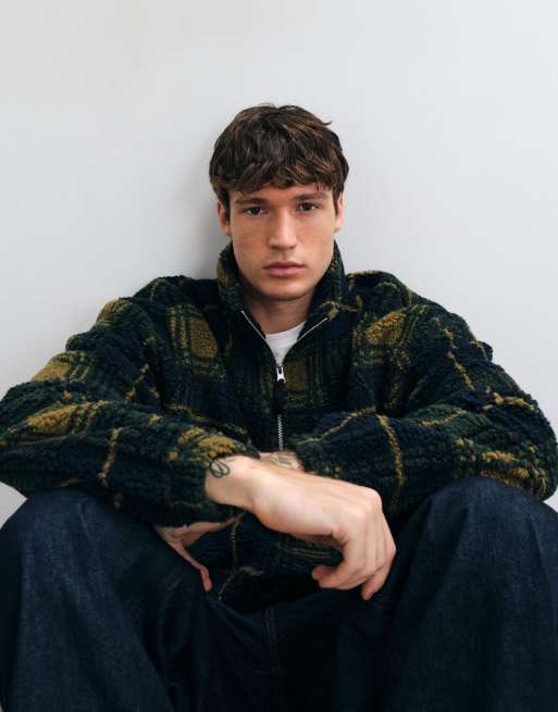 ASOS DESIGN oversize in pile borg con zip corta e stampa a quadri verde, 1 di 5