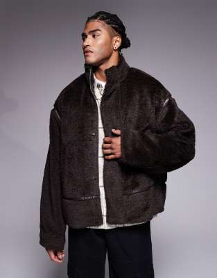 Oversize-Jacke aus Teddyfell in Braun mit Stehkragen-Brown Brown M