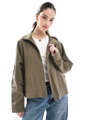 ASOS DESIGN - Oversize-Jacke aus Twill in dunklem Olivgrün mit Stehkragen