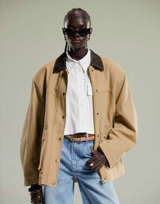 Thumbnail - ASOS DESIGN - Oversize-Jacke in Steinbraun mit Kragen in Lederoptik