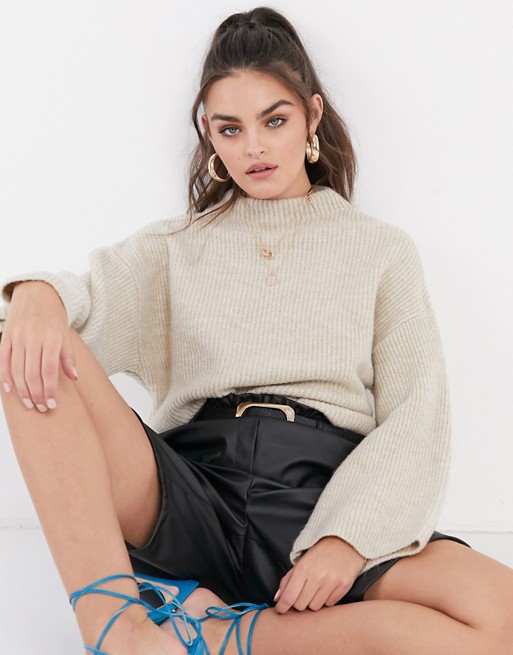 ASOS DESIGN oversize jumper with funnel neck in oatmeal
