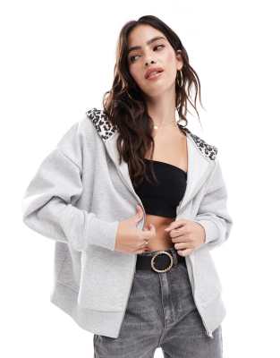 ASOS DESIGN - Oversize-Kapuzenjacke in meliertem Eisgrau mit Kapuze mit Leopardenmuster-Bunt