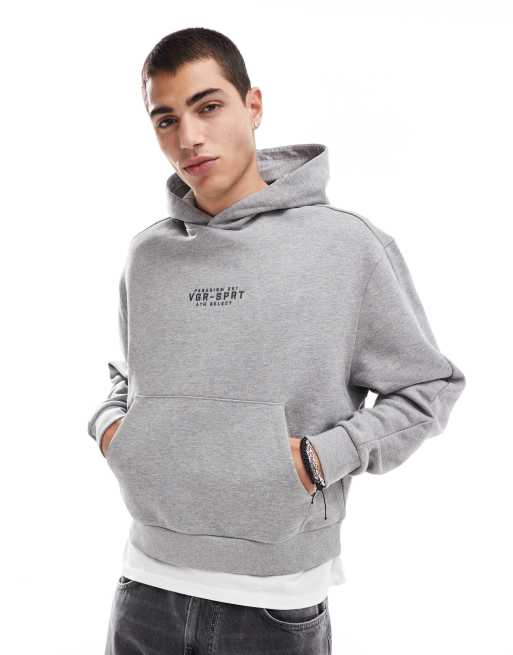 ASOS DESIGN – Oversize-Kapuzenpullover aus schwerem Material in meliertem Grau mit Sport-Print vorne