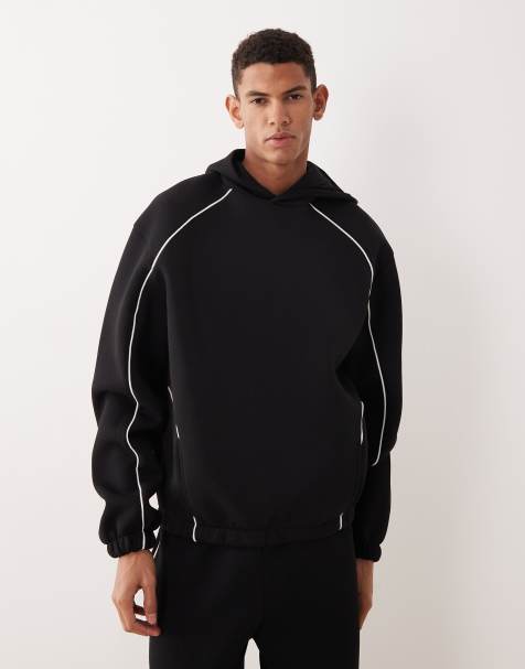 ASOS DESIGN – Oversize-Kapuzenpullover aus schwerem, neoprenartigem Material in Schwarz mit Paspelierung, Kombiteil - view 1